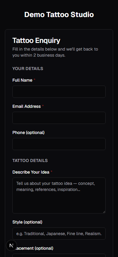 A client filling in the public tattoo enquiry form on their phone