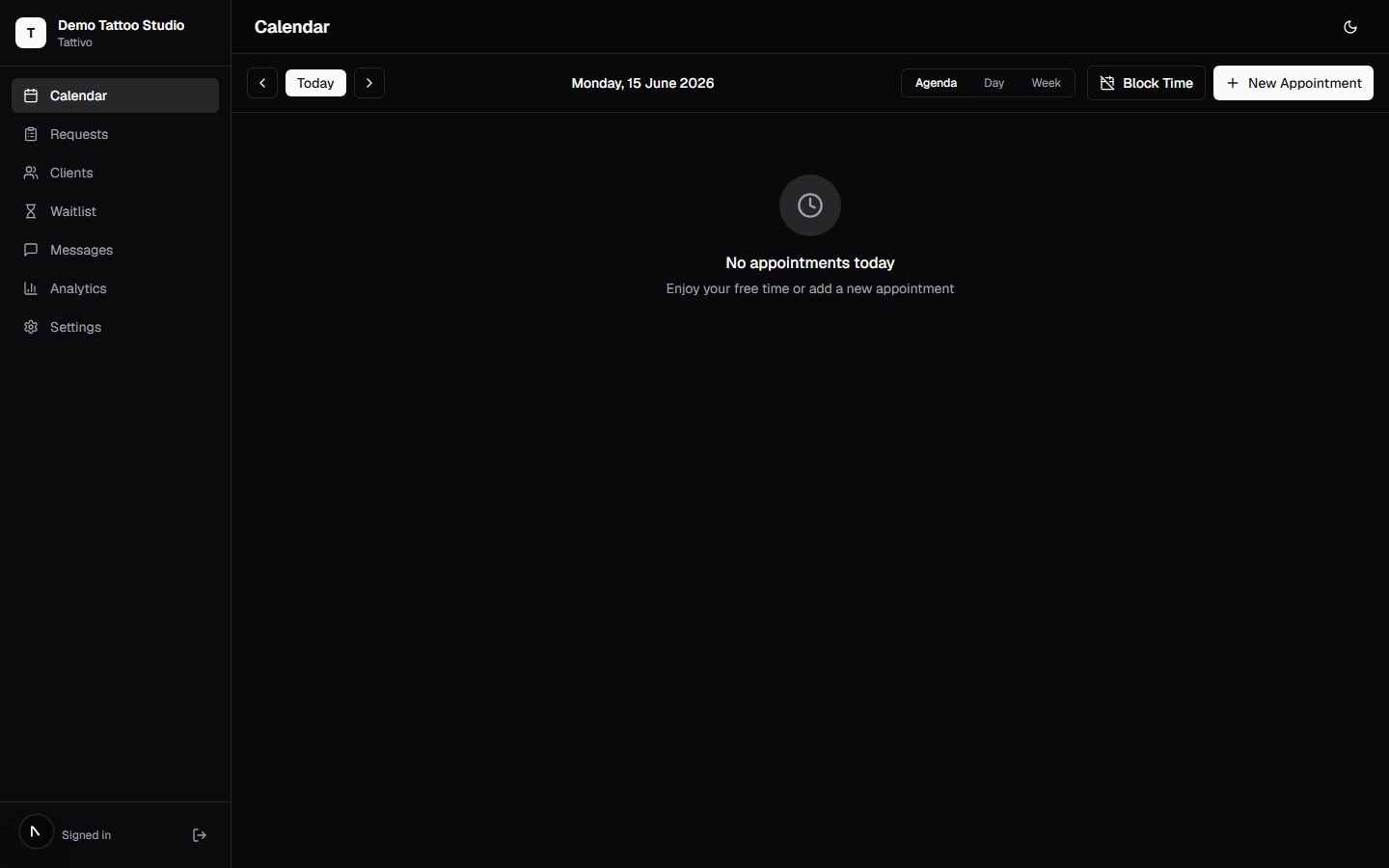 The Tattivo calendar dashboard with agenda, day and week views