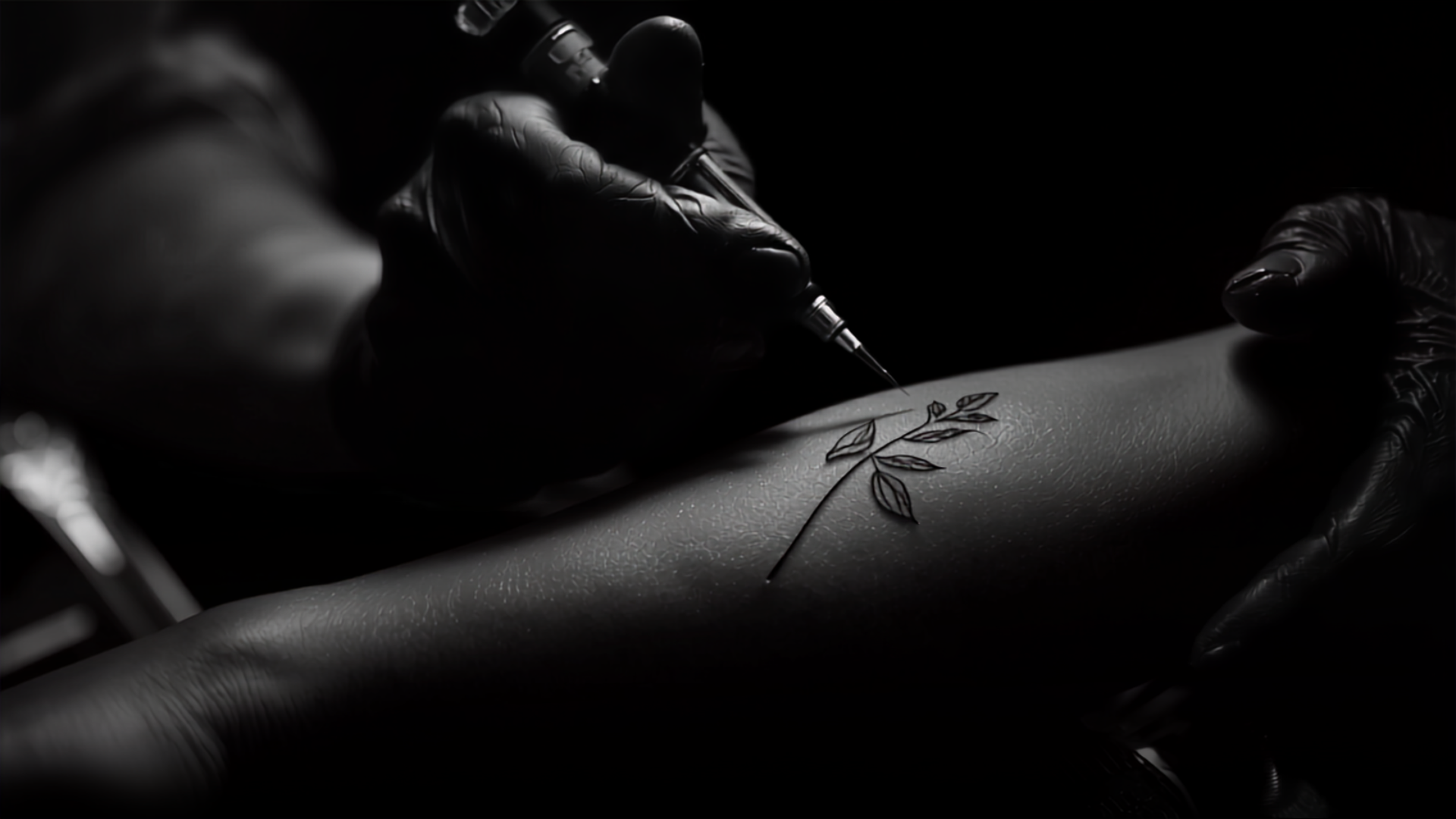 A tattoo artist inking a fine-line botanical design on a client's forearm